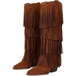 Women's Brown Knee High Chunky Heel Pointed Toe Slip on Wide Calf Cowgirl Boot